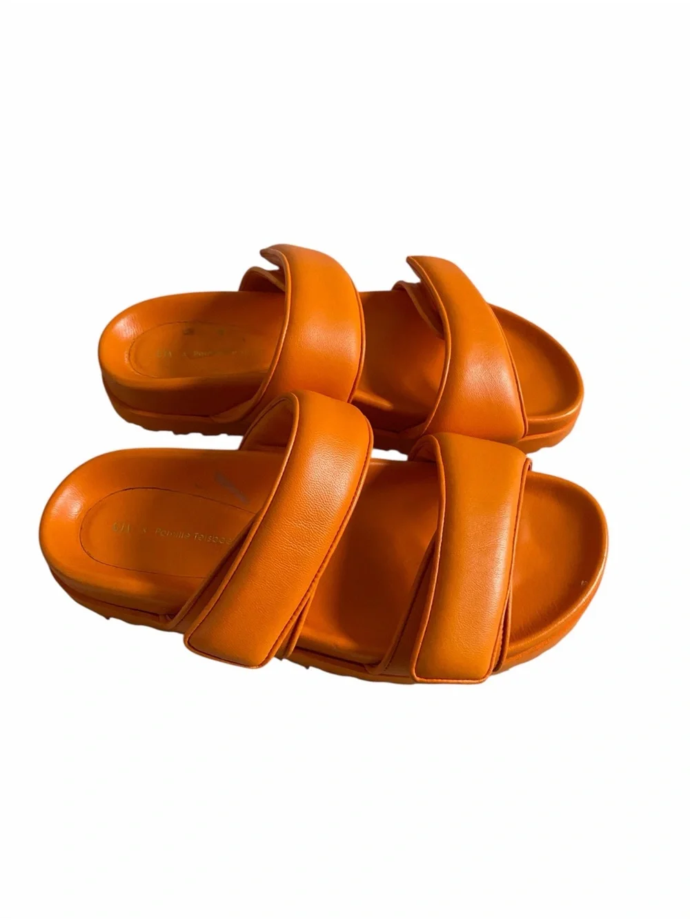 GIA x Pernille Teisbaek Orange Leather Velcro Strap Slide Sandals Womens 39 8.5